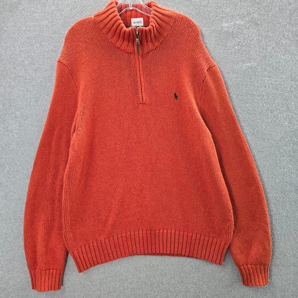 Polo Ralph Lauren Men Sweater XL Orange 1/4 Zip Knit Logo Embroidered Pullover - Picture 1 of 9